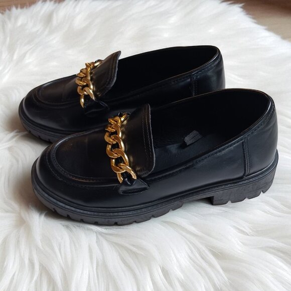 Streetwear Society Black Chunky Loafers Gold Chain Slip-On Lug  Heels Size 7 - Picture 6 of 12